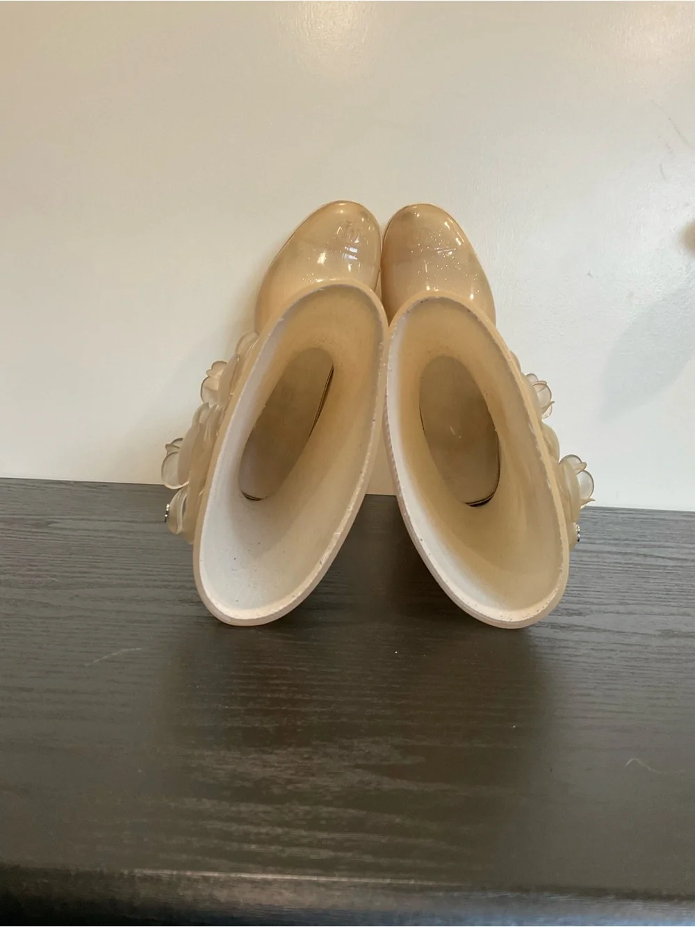 CHANEL Cream Patent Floral Applique Rain Boots
